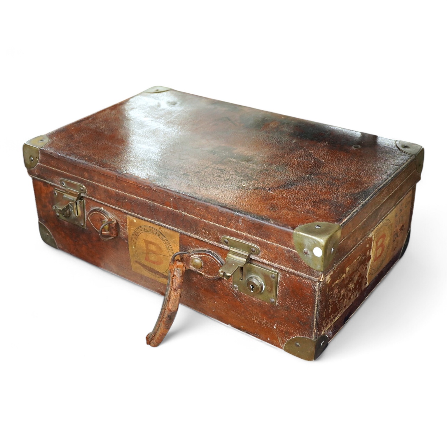 An early 20th century leather travelling toilet case, with 'Peninsular & Oriental Steam Navigation Compy' paper labels, containing eight French 950 standard white metal mounted glass toilet jars and one English silver mo